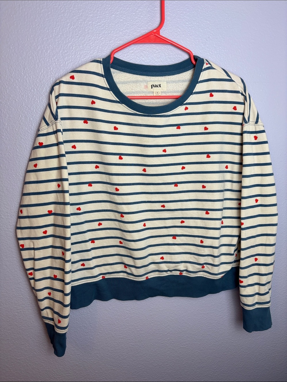 Pact Cream and Navy Striped Crewneck Sweater with Red Heart Print